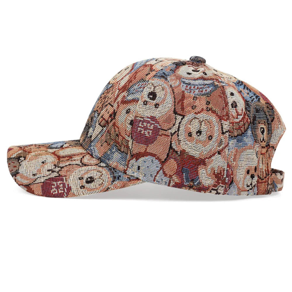 Boné de beisebol retrô jacquard com estampa completa de ursinho, versões masculina, adequado para fotografia de rua e passeios