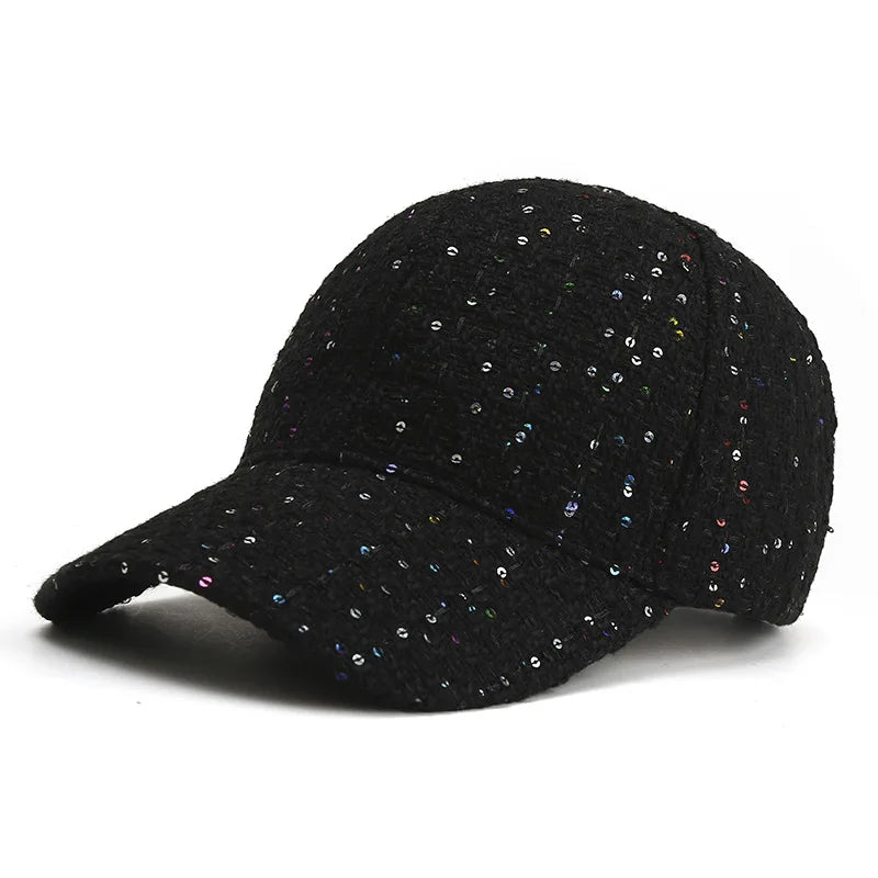 Boné casual estilo coreano para outono e inverno, chapéu de proteção solar com lantejoulas, moderno para atividades ao ar livre