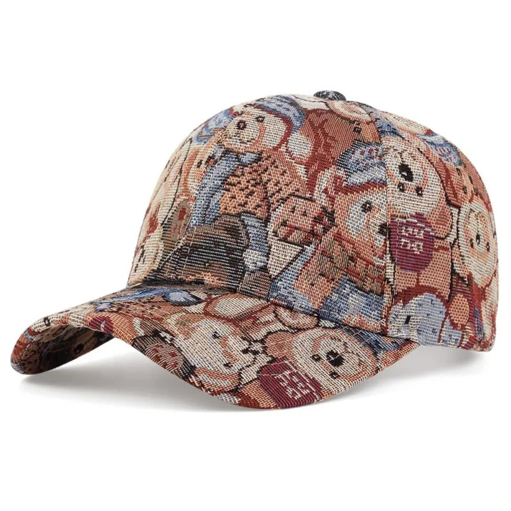 Boné de beisebol retrô jacquard com estampa completa de ursinho, versões masculina, adequado para fotografia de rua e passeios